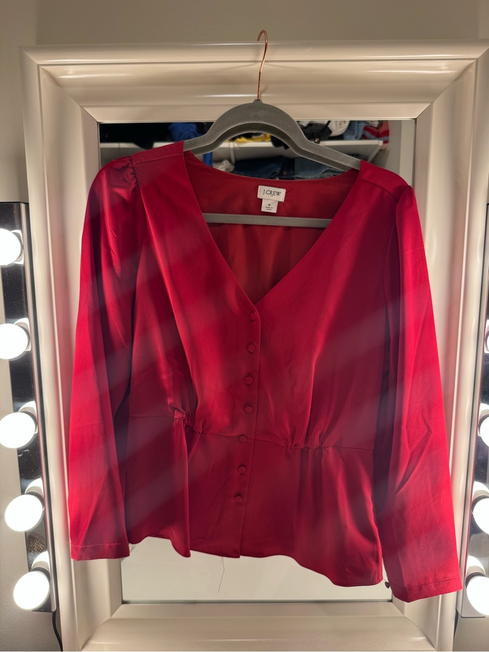 J. Crew Bright Red V-Neck Button Blouse
